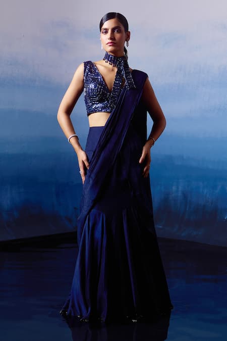 Angad Singh_Blue Silk Sequins, Beads, Pre-draped Saree With Bugle Embroidered Blouse _Online_at_Aza_Fashions