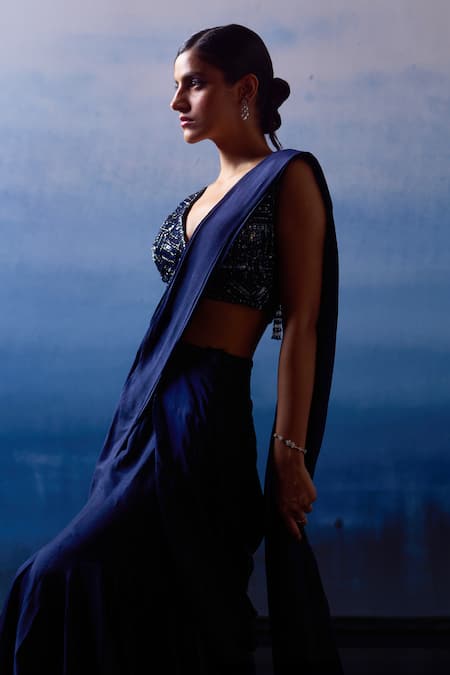 Buy_Angad Singh_Blue Silk Sequins, Beads, Pre-draped Saree With Bugle Embroidered Blouse _Online_at_Aza_Fashions