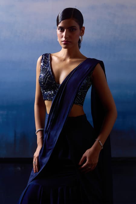 Shop_Angad Singh_Blue Silk Sequins, Beads, Pre-draped Saree With Bugle Embroidered Blouse _Online_at_Aza_Fashions