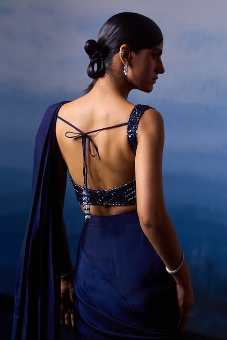 Angad Singh_Blue Silk Sequins, Beads, Pre-draped Saree With Bugle Embroidered Blouse _at_Aza_Fashions