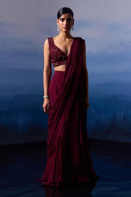 Angad Singh_Wine Georgette Sequins, Beads Plunge Pre-draped Saree With Embroidered Blouse _Online_at_Aza_Fashions