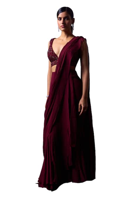 Buy_Angad Singh_Wine Georgette Sequins, Beads Plunge Pre-draped Saree With Embroidered Blouse _Online_at_Aza_Fashions