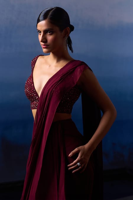 Shop_Angad Singh_Wine Georgette Sequins, Beads Plunge Pre-draped Saree With Embroidered Blouse _Online_at_Aza_Fashions