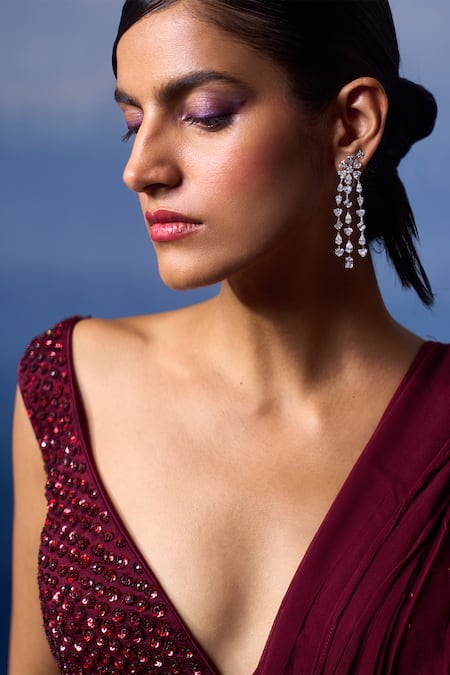 Angad Singh_Wine Georgette Sequins, Beads Plunge Pre-draped Saree With Embroidered Blouse _at_Aza_Fashions