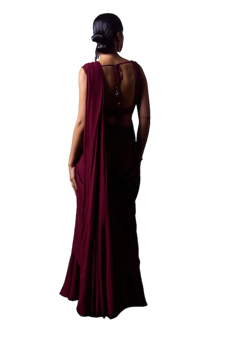 Buy_Angad Singh_Wine Georgette Sequins, Beads Plunge Pre-draped Saree With Embroidered Blouse 
