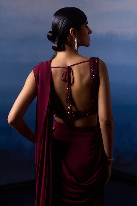 Shop_Angad Singh_Wine Georgette Sequins, Beads Plunge Pre-draped Saree With Embroidered Blouse 