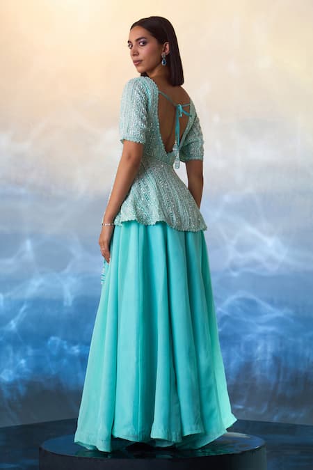 Angad Singh Pearl & Crystal Embroidered Peplum Kurta & Sharara Set 