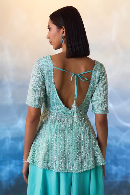 Angad Singh_Blue Organza Sequins, Beads, Embroidery, Pearl And Peplum Kurta & Sharara Set _Online_at_Aza_Fashions