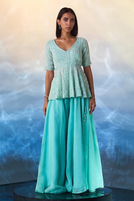 Shop_Angad Singh_Blue Organza Sequins, Beads, Embroidery, Pearl And Peplum Kurta & Sharara Set _Online_at_Aza_Fashions