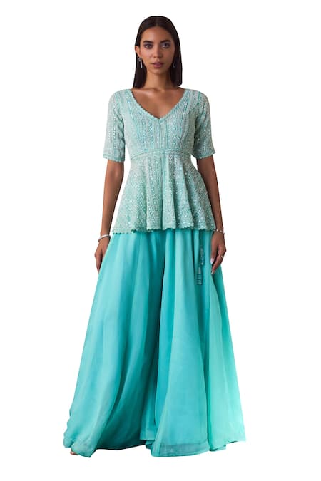 Angad Singh_Blue Organza Sequins, Beads, Embroidery, Pearl And Peplum Kurta & Sharara Set _at_Aza_Fashions