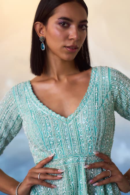 Shop_Angad Singh_Blue Organza Sequins, Beads, Embroidery, Pearl And Peplum Kurta & Sharara Set 