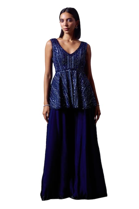 Angad Singh Blue Organza Sequins, Beads, Crystals Embroidered Peplum Kurta And Sharara Set Online at Aza Fashions Angad Singh_Blue Organza Sequins, Beads, Crystals Embroidered Peplum Kurta And Sharara Set _Online_at_Aza_Fashions