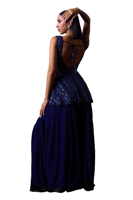 Angad Singh Blue Organza Sequins, Beads, Crystals Embroidered Peplum Kurta And Sharara Set at Aza Fashions Angad Singh_Blue Organza Sequins, Beads, Crystals Embroidered Peplum Kurta And Sharara Set _at_Aza_Fashions