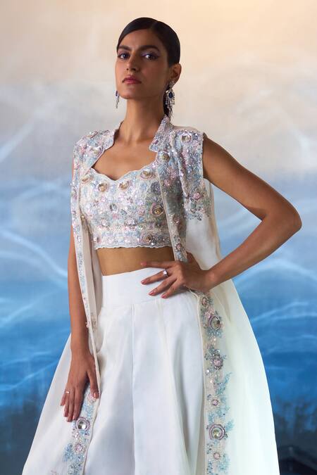 Buy_Angad Singh_White Organza Sequins, Beads Sweetheart Embroidered Longline Jacket Sharara Set _Online_at_Aza_Fashions