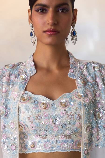 Shop_Angad Singh_White Organza Sequins, Beads Sweetheart Embroidered Longline Jacket Sharara Set _Online_at_Aza_Fashions