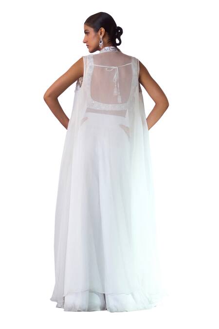 Angad Singh_White Organza Sequins, Beads Sweetheart Embroidered Longline Jacket Sharara Set _at_Aza_Fashions