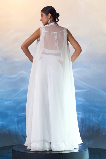 Buy_Angad Singh_White Organza Sequins, Beads Sweetheart Embroidered Longline Jacket Sharara Set 