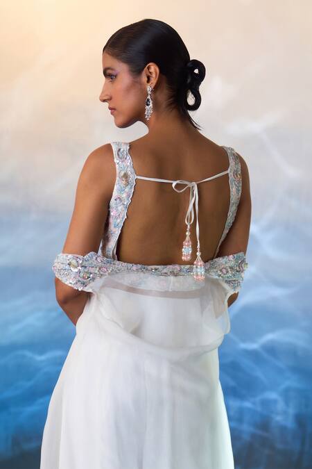 Shop_Angad Singh_White Organza Sequins, Beads Sweetheart Embroidered Longline Jacket Sharara Set 