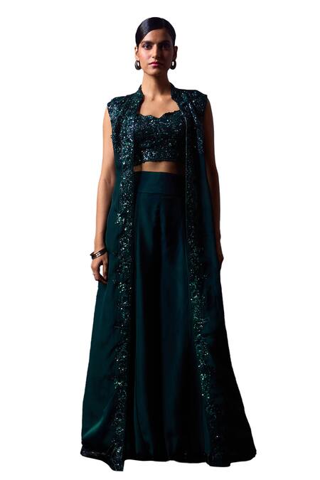 Angad Singh_Green Organza Sequins, Beads Collared, Sweetheart Embroidered Jacket Sharara Set _Online_at_Aza_Fashions