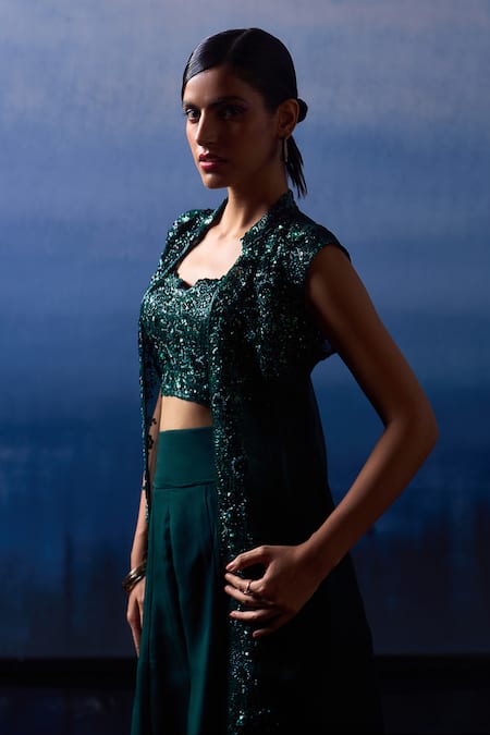 Buy_Angad Singh_Green Organza Sequins, Beads Collared, Sweetheart Embroidered Jacket Sharara Set _Online_at_Aza_Fashions
