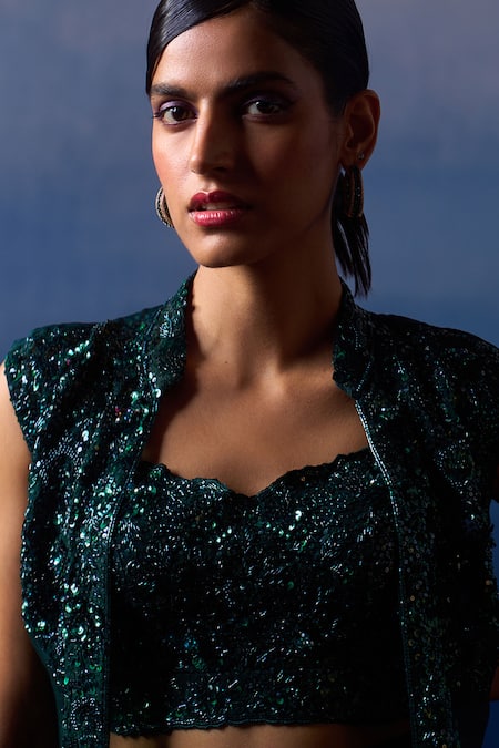 Shop_Angad Singh_Green Organza Sequins, Beads Collared, Sweetheart Embroidered Jacket Sharara Set _Online_at_Aza_Fashions