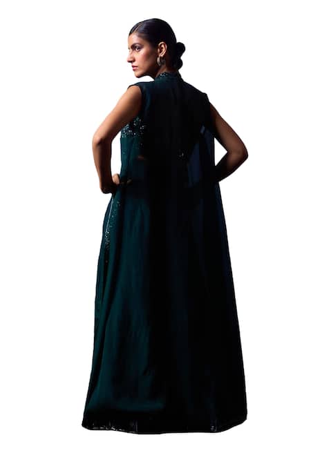 Angad Singh_Green Organza Sequins, Beads Collared, Sweetheart Embroidered Jacket Sharara Set _at_Aza_Fashions