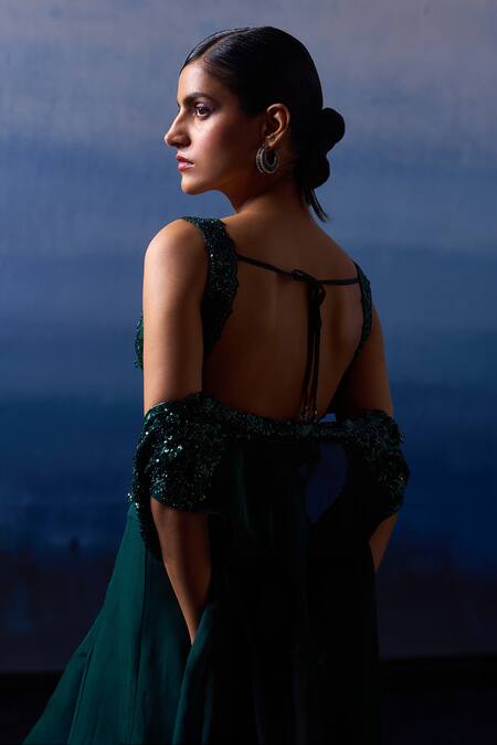 Buy_Angad Singh_Green Organza Sequins, Beads Collared, Sweetheart Embroidered Jacket Sharara Set 