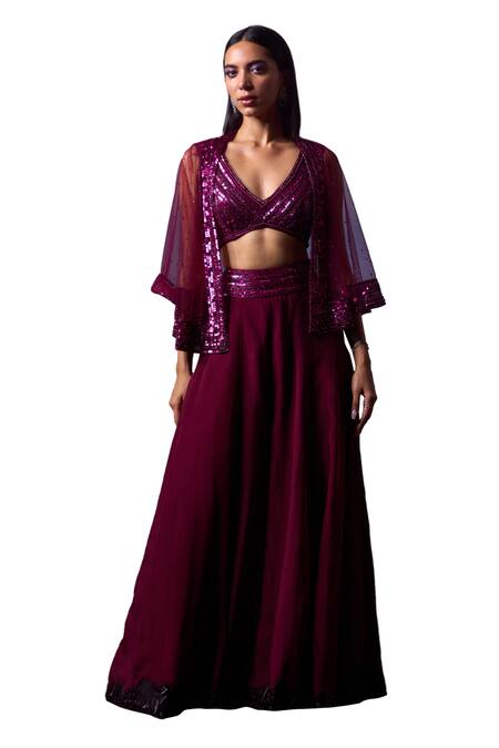 Angad Singh Wine Organza Sequins, Beads V-neck Embroidered Cape Sharara Set Online at Aza Fashions Angad Singh_Wine Organza Sequins, Beads V-neck Embroidered Cape Sharara Set _Online_at_Aza_Fashions
