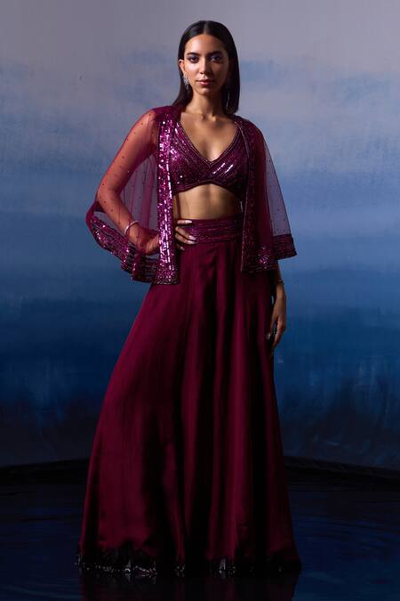 Buy Angad Singh Wine Organza Sequins, Beads V-neck Embroidered Cape Sharara Set Online at Aza Fashions Buy_Angad Singh_Wine Organza Sequins, Beads V-neck Embroidered Cape Sharara Set _Online_at_Aza_Fashions
