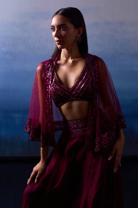 Shop Angad Singh Wine Organza Sequins, Beads V-neck Embroidered Cape Sharara Set Online at Aza Fashions Shop_Angad Singh_Wine Organza Sequins, Beads V-neck Embroidered Cape Sharara Set _Online_at_Aza_Fashions