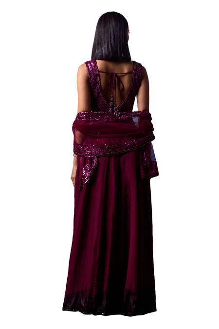 Angad Singh Wine Organza Sequins, Beads V-neck Embroidered Cape Sharara Set at Aza Fashions Angad Singh_Wine Organza Sequins, Beads V-neck Embroidered Cape Sharara Set _at_Aza_Fashions