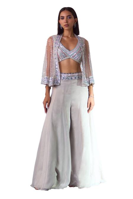 Angad Singh Grey Organza Sequins, Stones V-neck Floral Embroidered Cape Sharara Set Online at Aza Fashions Angad Singh_Grey Organza Sequins, Stones V-neck Floral Embroidered Cape Sharara Set _Online_at_Aza_Fashions