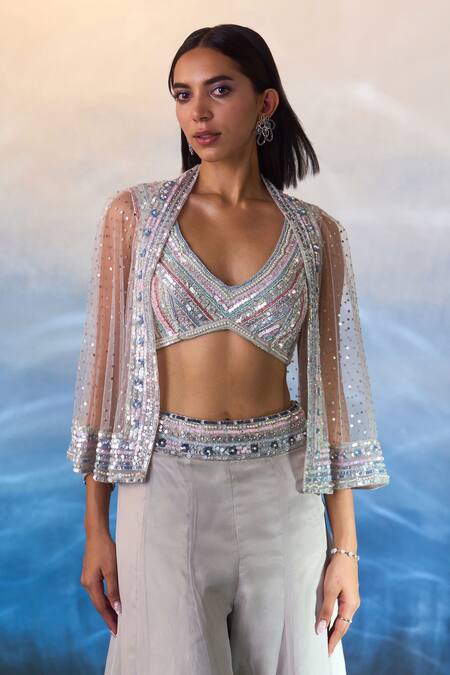 Buy Angad Singh Grey Organza Sequins, Stones V-neck Floral Embroidered Cape Sharara Set Online at Aza Fashions Buy_Angad Singh_Grey Organza Sequins, Stones V-neck Floral Embroidered Cape Sharara Set _Online_at_Aza_Fashions