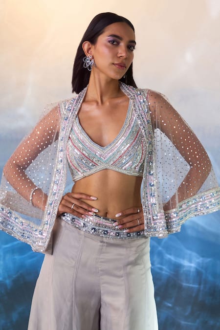 Shop Angad Singh Grey Organza Sequins, Stones V-neck Floral Embroidered Cape Sharara Set Online at Aza Fashions Shop_Angad Singh_Grey Organza Sequins, Stones V-neck Floral Embroidered Cape Sharara Set _Online_at_Aza_Fashions
