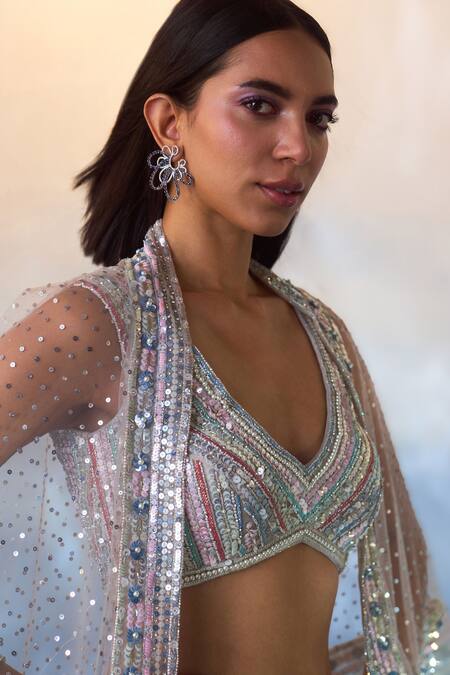 Angad Singh Grey Organza Sequins, Stones V-neck Floral Embroidered Cape Sharara Set at Aza Fashions Angad Singh_Grey Organza Sequins, Stones V-neck Floral Embroidered Cape Sharara Set _at_Aza_Fashions