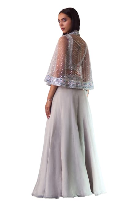 Buy Angad Singh Grey Organza Sequins, Stones V-neck Floral Embroidered Cape Sharara Set Buy_Angad Singh_Grey Organza Sequins, Stones V-neck Floral Embroidered Cape Sharara Set