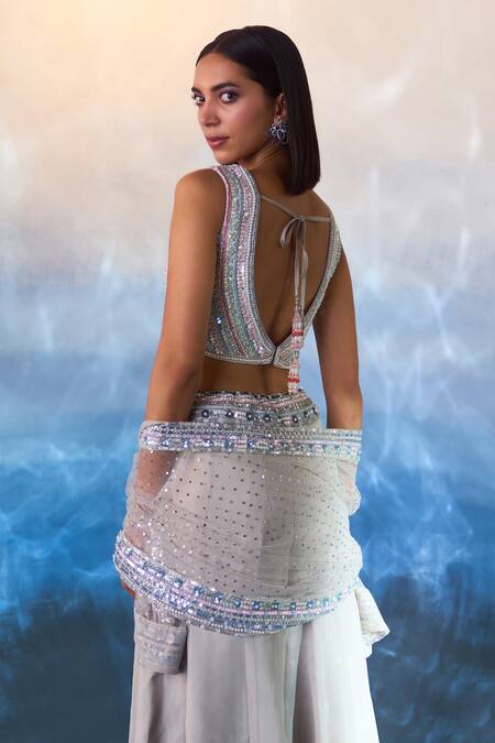 Shop Angad Singh Grey Organza Sequins, Stones V-neck Floral Embroidered Cape Sharara Set Shop_Angad Singh_Grey Organza Sequins, Stones V-neck Floral Embroidered Cape Sharara Set