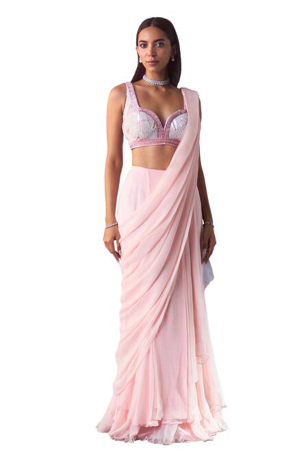 Angad Singh_Pink Georgette Sequins, Crystals, Beads Pre-draped Saree With Work Blouse _Online_at_Aza_Fashions