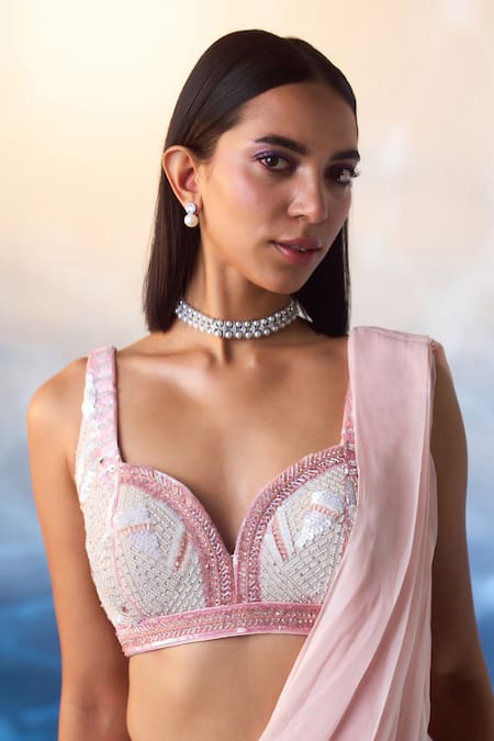 Shop_Angad Singh_Pink Georgette Sequins, Crystals, Beads Pre-draped Saree With Work Blouse _Online_at_Aza_Fashions