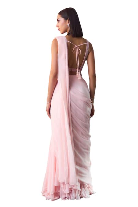Angad Singh_Pink Georgette Sequins, Crystals, Beads Pre-draped Saree With Work Blouse _at_Aza_Fashions