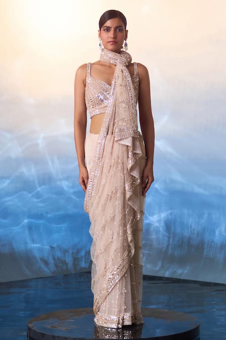 Angad Singh_Rose Gold Net, Cotton Sequins, Crystals, Beads Embroidered Saree With Blouse _Online_at_Aza_Fashions