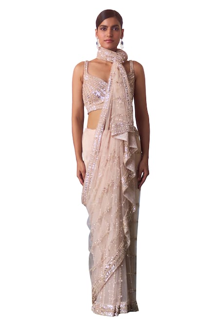 Buy_Angad Singh_Rose Gold Net, Cotton Sequins, Crystals, Beads Embroidered Saree With Blouse _Online_at_Aza_Fashions