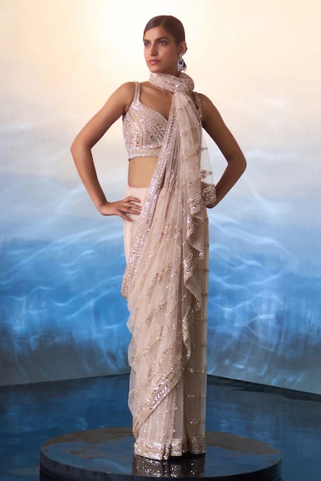 Shop_Angad Singh_Rose Gold Net, Cotton Sequins, Crystals, Beads Embroidered Saree With Blouse _Online_at_Aza_Fashions