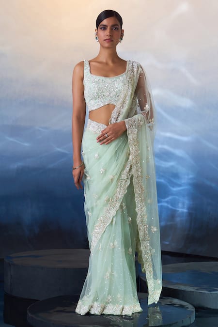 Angad Singh Net Cutdana & Crystal Embroidered Saree With Blouse 