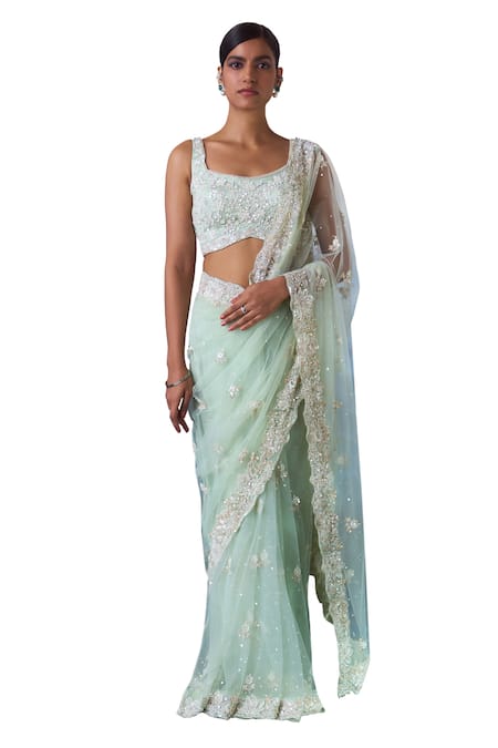 Angad Singh_Blue Net Cut Work, Embroidery, Sequins, Cutdana And Crystal Saree With Blouse _Online_at_Aza_Fashions