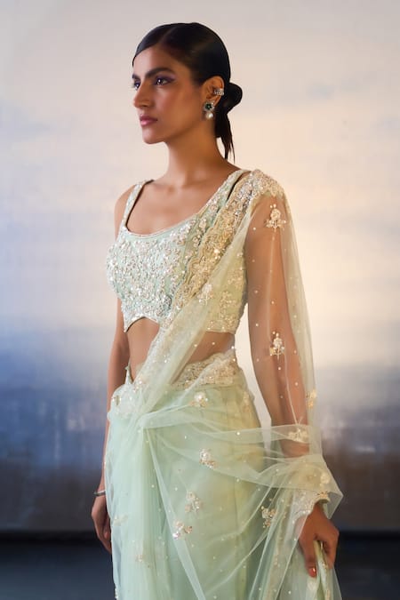 Buy_Angad Singh_Blue Net Cut Work, Embroidery, Sequins, Cutdana And Crystal Saree With Blouse _Online_at_Aza_Fashions