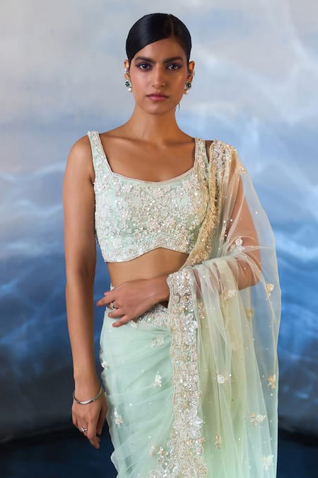Shop_Angad Singh_Blue Net Cut Work, Embroidery, Sequins, Cutdana And Crystal Saree With Blouse _Online_at_Aza_Fashions