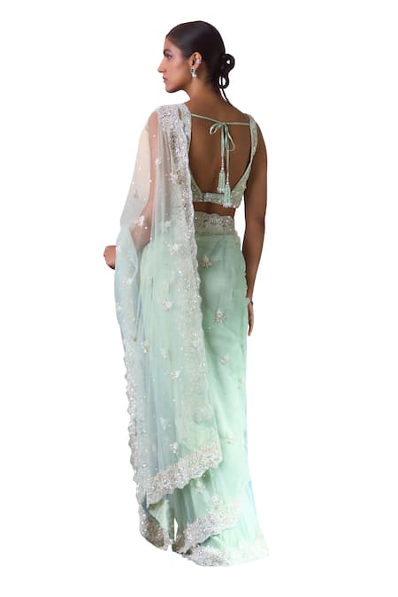 Angad Singh_Blue Net Cut Work, Embroidery, Sequins, Cutdana And Crystal Saree With Blouse _at_Aza_Fashions