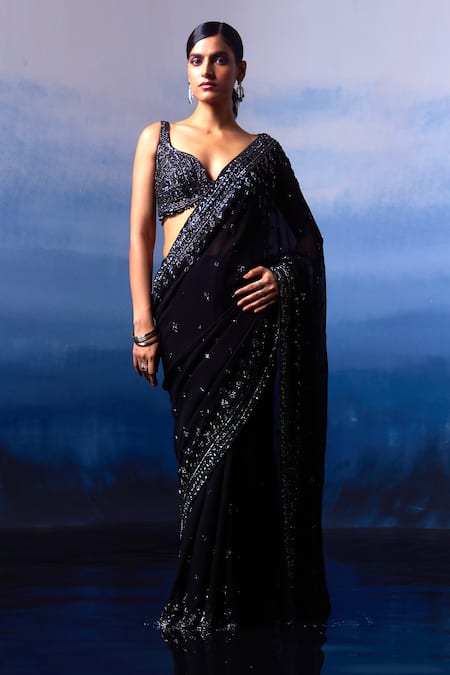 Angad Singh Black Georgette Embroidered Cutdana Sweetheart Saree With Blouse