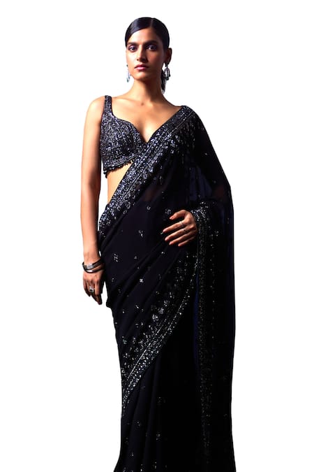 Angad Singh_Black Georgette Crystals, Cut Work, Sequins Embroidered Saree With Blouse _Online_at_Aza_Fashions